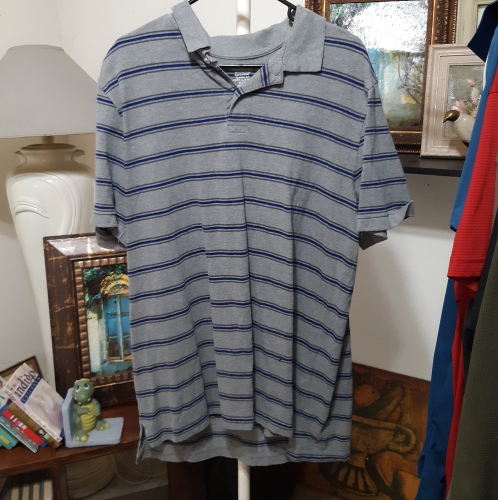 Mens Shirt Sz XL Striped Shortsleeve knit Cotton Polo MERONA Blue Gray B19